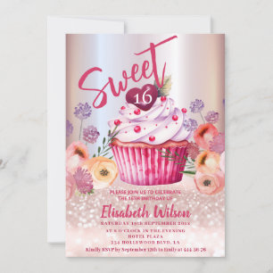 Convite Gliteria de ouro com Rosa floral Boho Girly cupcak
