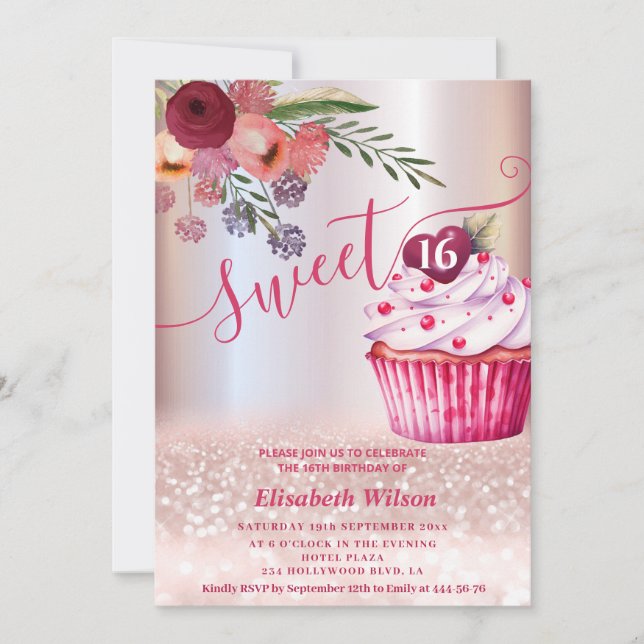 Convite Gliteria de ouro com Rosa floral Boho Girly cupcak (Frente)