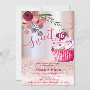 Convite Gliteria de ouro com Rosa floral Boho Girly cupcak