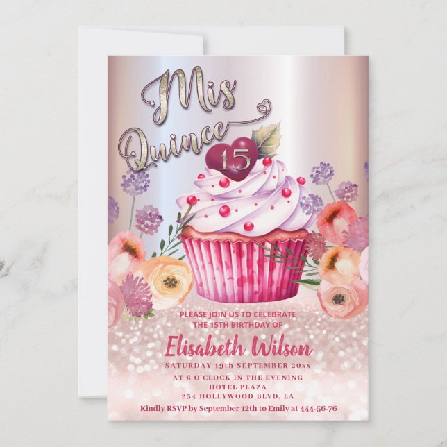 Convite Gliteria de ouro com Rosa floral Boho Girly cupcak (Frente)