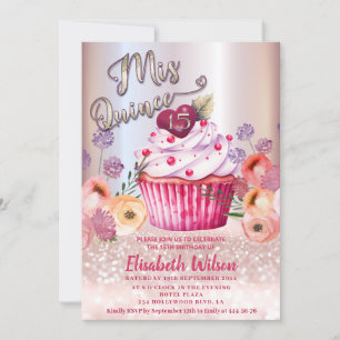 Convite Gliteria de ouro com Rosa floral Boho Girly cupcak