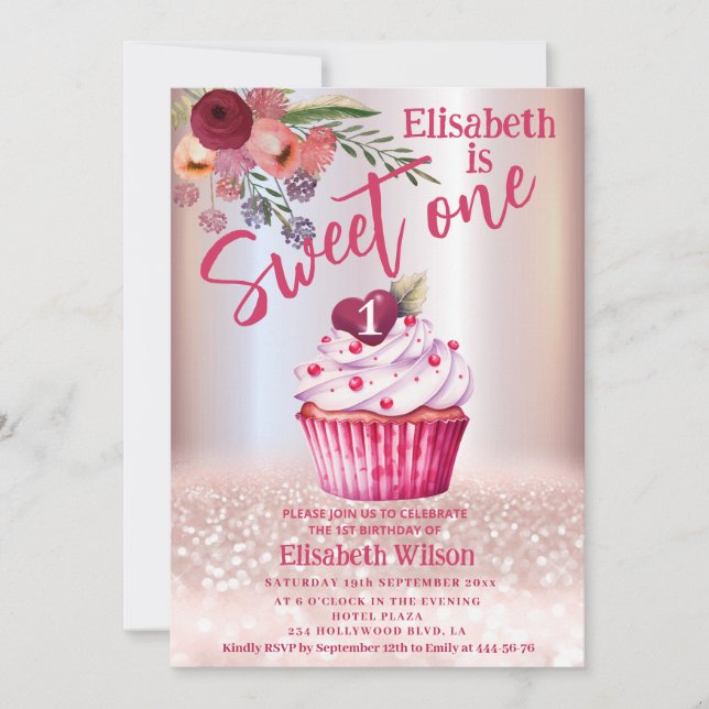 Convite Gliteria de ouro com Rosa floral Boho Girly cupcak (Frente)
