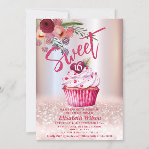Convite Gliteria de ouro com Rosa floral Boho Girly cupcak