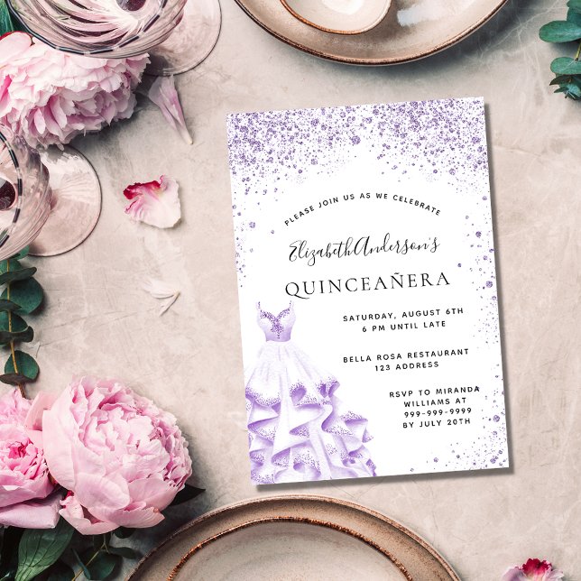 Convite Glitor branco violeta de Quinceanera (Criador carregado)
