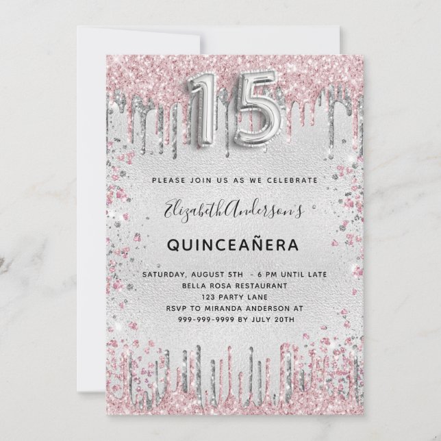 Convite Glitor cor-de-prata Quinceanera (Frente)