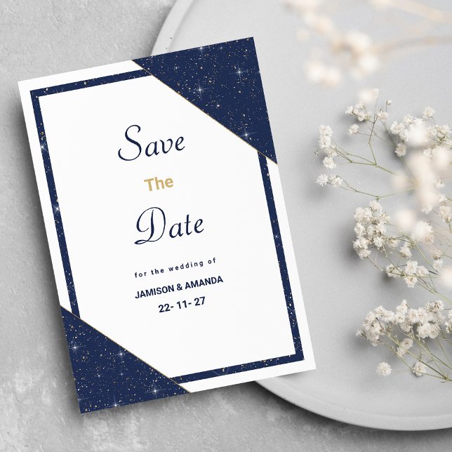 Convite Glitor de ouro branco azul geométrico Salvar a Dat (Geometric blue white gold glitter Save The Date)