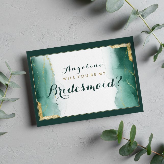 Convite Glitor de ouro verde e aquarela Bridesmaid (Watercolor emerald green gold glitter Bridesmaid)