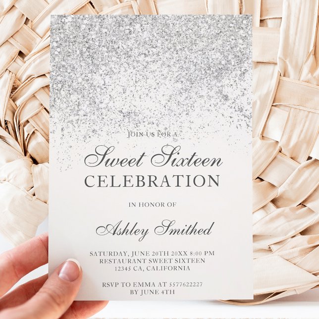 Convite Glitor de prata brilha doce branco 16 (Criador carregado)