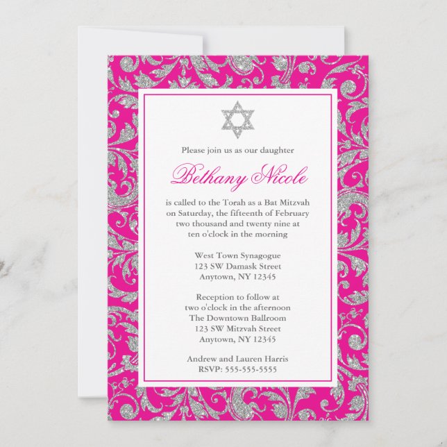 Convite Glitor prateado rosa quente Damask Bat Mitzvah (Frente)