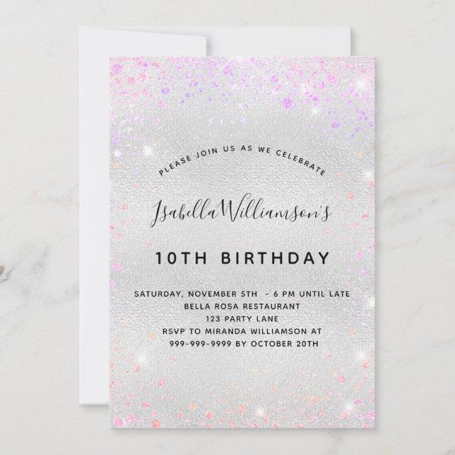 Convite Glitor roxo prateado de aniversário (Frente)