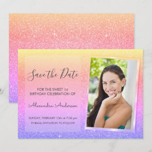 Convite Glitter 16 Rosa e Roxo - Salve a data