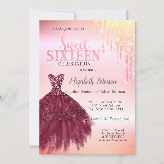 Convite Glitter Adorável, Burgundy Dress Doce 16 (Frente)