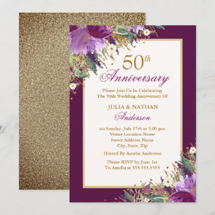 Convite Glitter Âmista Roxo Floral 50º Aniversário