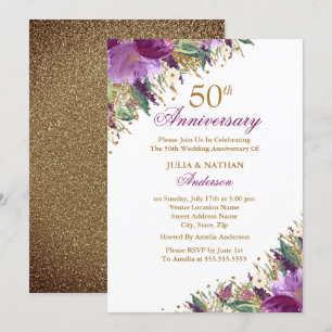 Convite Glitter Âmista Roxo Floral Aniversário de 50 anos