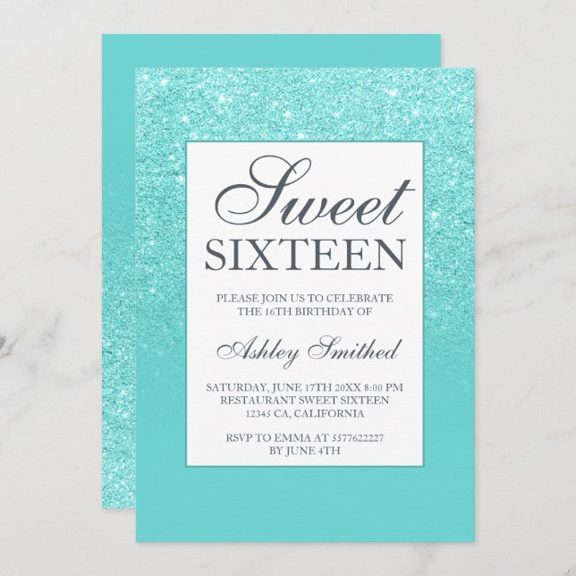 Convite Glitter aqua azul elegante doce 16 (Frente/Verso)