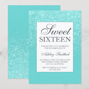 Convite Glitter aqua azul elegante doce 16