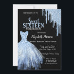 Convite Glitter Azul-Chic Coloca Preto-Azul<br><div class="desc">Vestidos azuis elegantes e brilho azul pingando em fundo preto.</div>