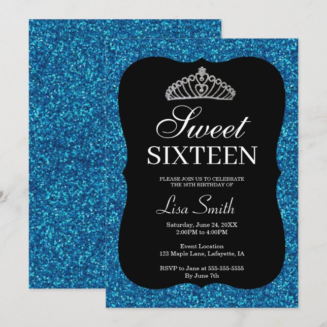Convite Glitter Azul-Chic Elegante Tiara Sweet 16 (Frente/Verso)