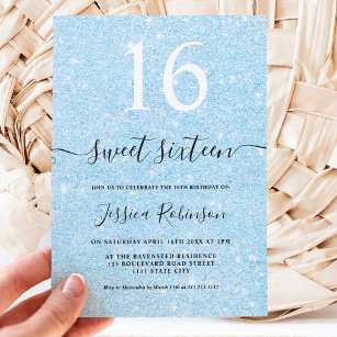 Convite Glitter azul-claro-feminino brilha quic Sweet 16