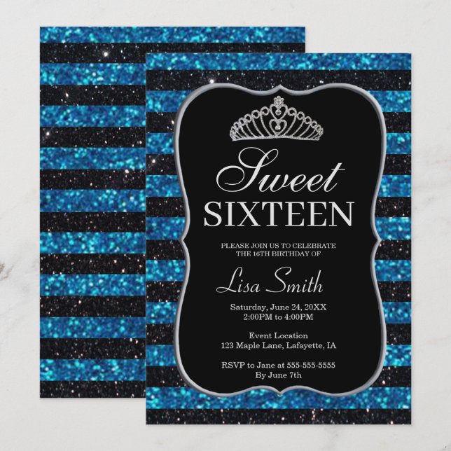 Convite Glitter Azul Negro Elegante Tiara Sweet 16 (Frente/Verso)