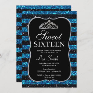 Convite Glitter Azul Negro Elegante Tiara Sweet 16
