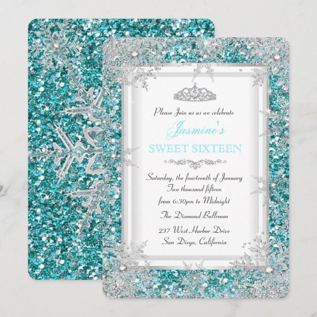 Convite Glitter Azul Turquesa Natal Inverno Doce 16 (Frente/Verso)