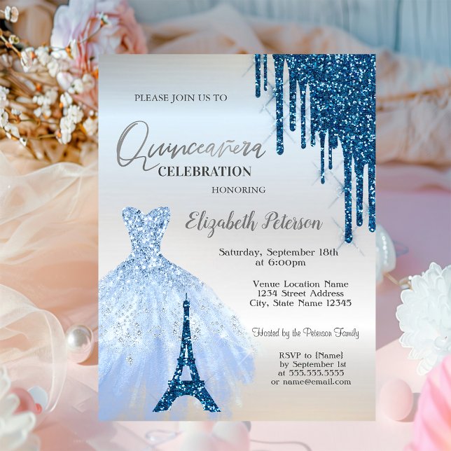 Convite Glitter Azul, Vestido, Torre Eiffel Quinceañera (Criador carregado)