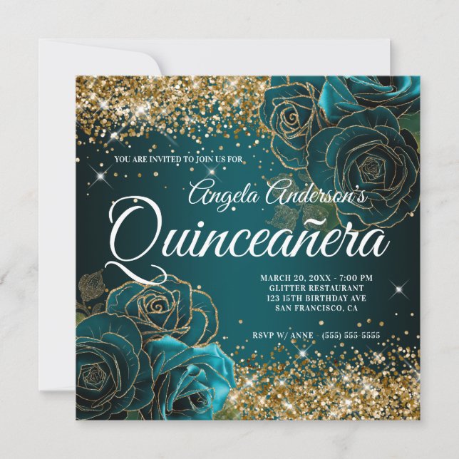 Convite Glitter Blue Teal Rosa Quinceañera, pouco Dourada (Frente)
