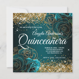 Convite Glitter Blue Teal Rosa Quinceañera, pouco Dourada