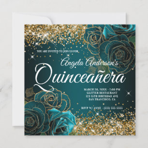Convite Glitter Blue Teal Rosa Quinceañera, pouco Dourada