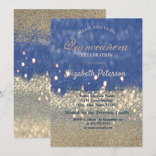 Convite Glitter Bokeh Diamantes Dourados Quinceañera (Frente/Verso)