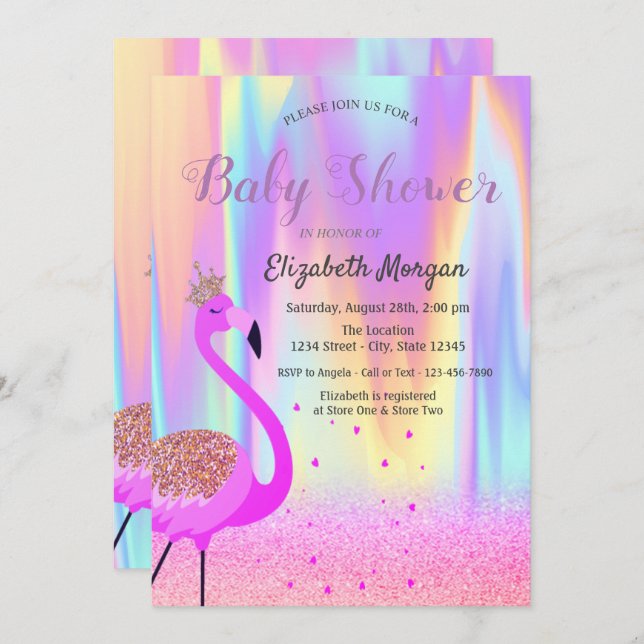 Convite Glitter Bokeh, Flamingo, Ombre Holographic (Frente/Verso)