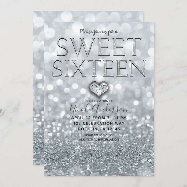 Convite Glitter Bokeh Glam Sweet 16 Party (Frente/Verso)