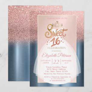 Convite Glitter Bokeh Ombre, Vestido Azul Doce Festa de 16