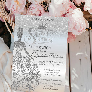 Convite Glitter Bokeh Ombre, Vestido, Tiara, Doce 17