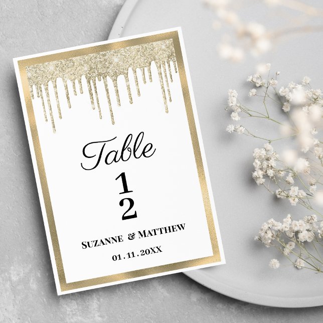 Convite Glitter branco de luxo dourado goteja Números de T (Luxury white gold glitter drips Table Numbers)