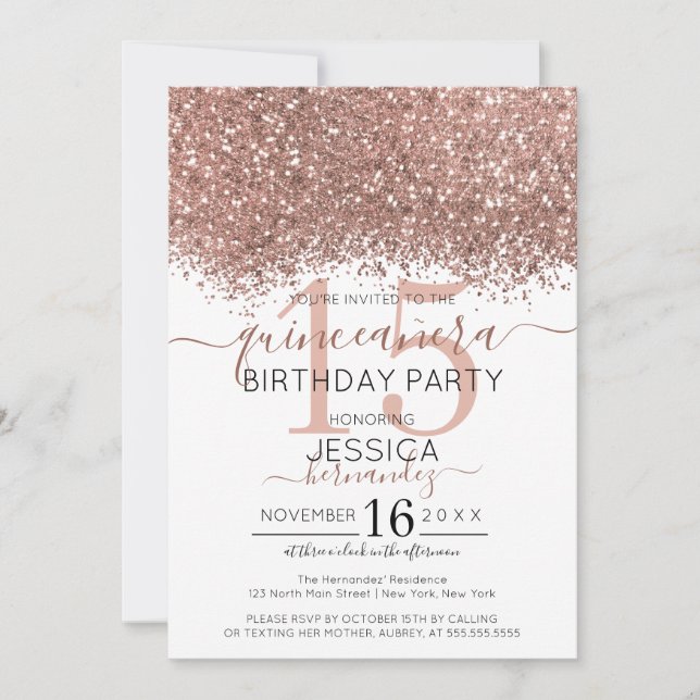 Convite Glitter Branco Dourado Rosa Chic Confetti Quinceañ (Frente)