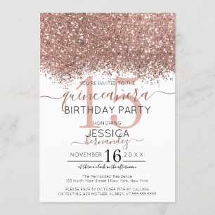 Convite Glitter Branco Dourado Rosa Chic Confetti Quinceañ