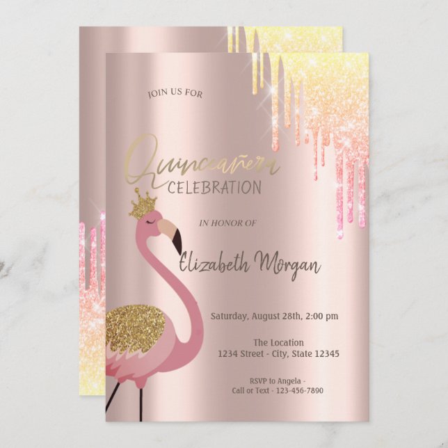Convite Glitter Chic Coloca Flamingo Quinceañera Rosa (Frente/Verso)