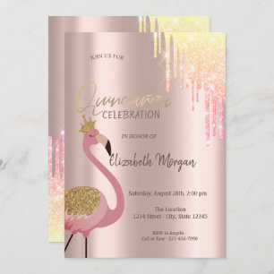 Convite Glitter Chic Coloca Flamingo Quinceañera Rosa