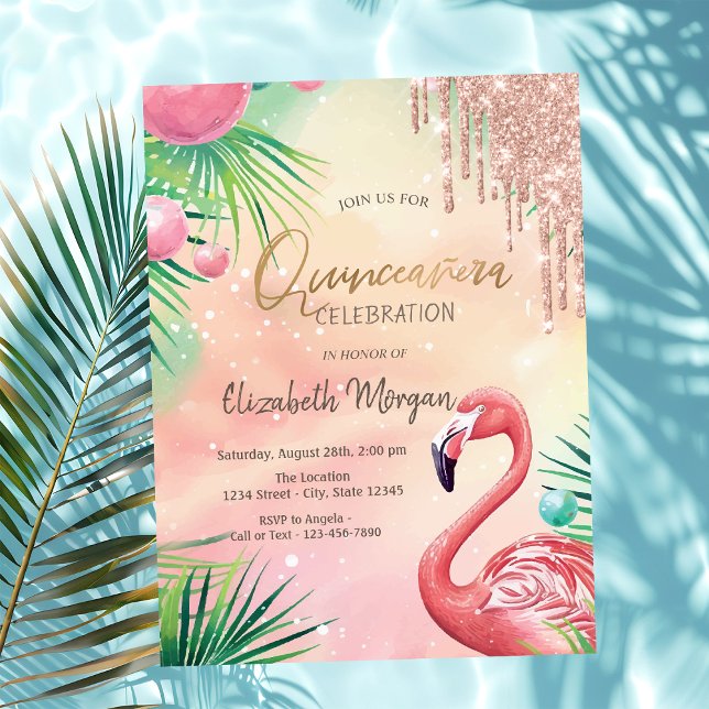 Convite Glitter Chic Coloca Flamingos Rosa Quinceañera (Criador carregado)