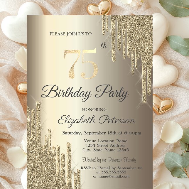 Convite Glitter Chic Drips Champagne 75. º Aniversário (Criador carregado)