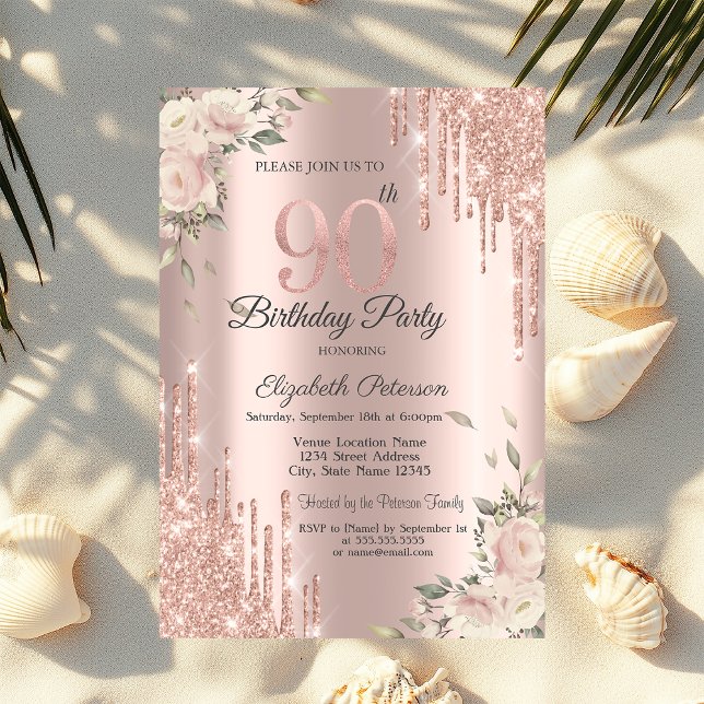 Convite Glitter Chic, Flores, 90 de Rosa Dourado Aniversár (Criador carregado)