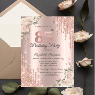 Convite Glitter Chic, Flores Rosa Dourado 85º aniversário