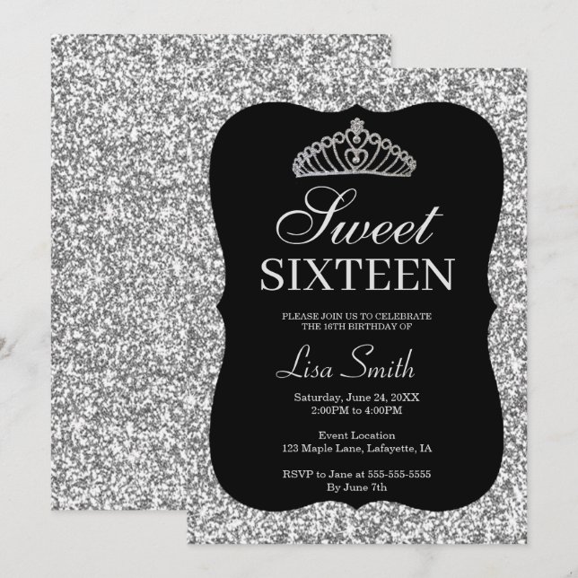 Convite Glitter Chic Silver Elegante Tiara Sweet 16 (Frente/Verso)