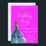 Convite Glitter Chic Tiara Blue Vress Neon Pink Aniversári<br><div class="desc">Tara cintilante,  e garota vestida no convite de aniversário de fundo rosa neon. Divirta-se na sua festa de aniversário com este convite elegante. Convide seus convidados para levantar um copo e se unir à diversão com estes convites festivos.</div>
