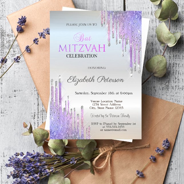 Convite Glitter Chic Violet Drives Silver Bat Mitzvah (Criador carregado)