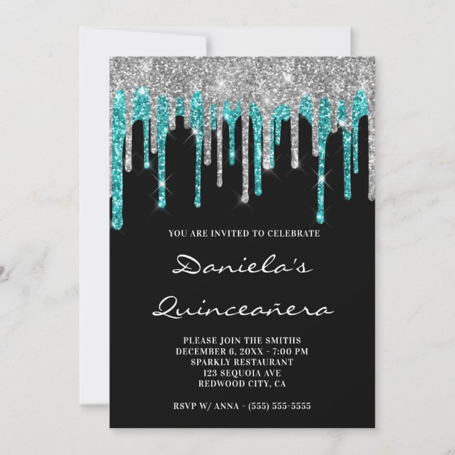 Convite Glitter Ciano Prateado Coloca Quinceñera Preta (Frente)