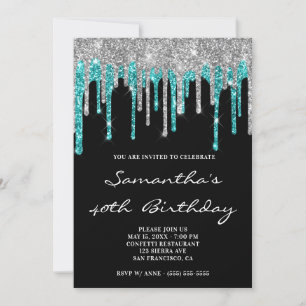 Convite Glitter Ciano Silver Esparso Coloca Aniversário P
