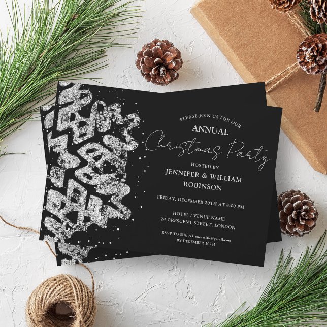 Convite Glitter Clássico Xmas Snowflake Black (Classy Silver Glitter Xmas Snowflake Holiday Black Invitation)